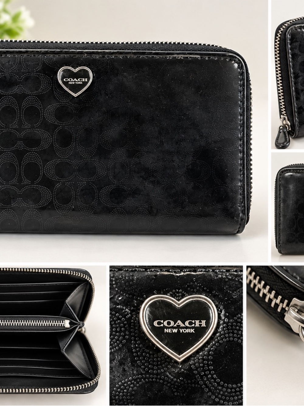 Coach Black Patent Signature Heart Zip-Around Wallet